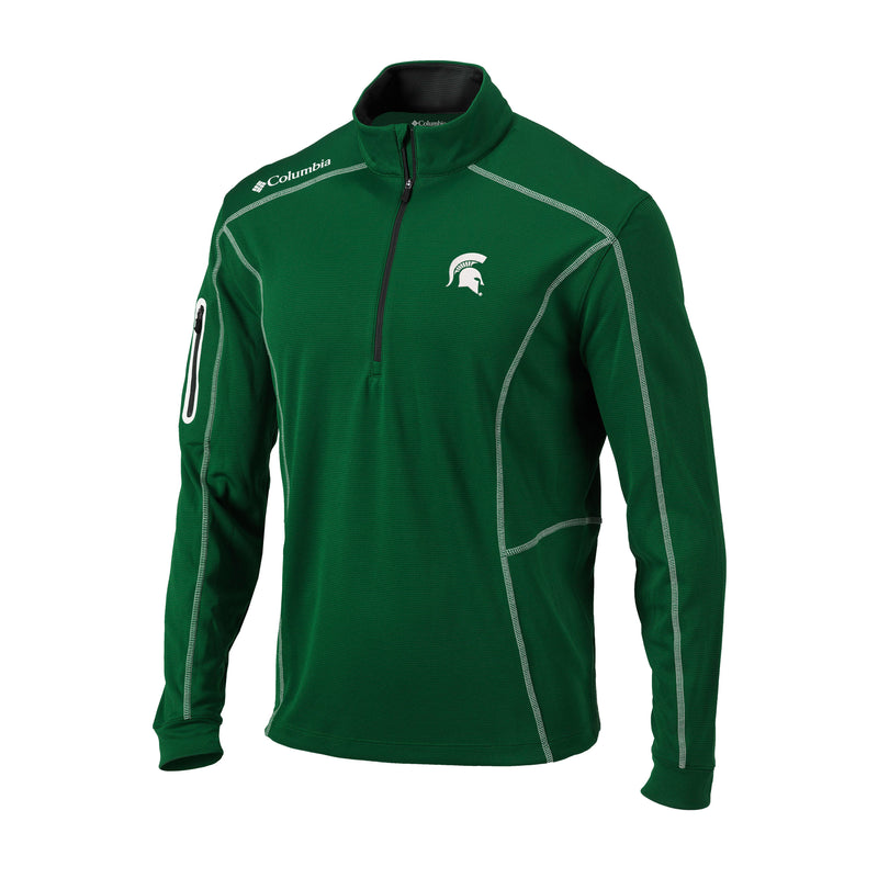 Green quarter-zip with white contrast stitching and white helmet on left chest.