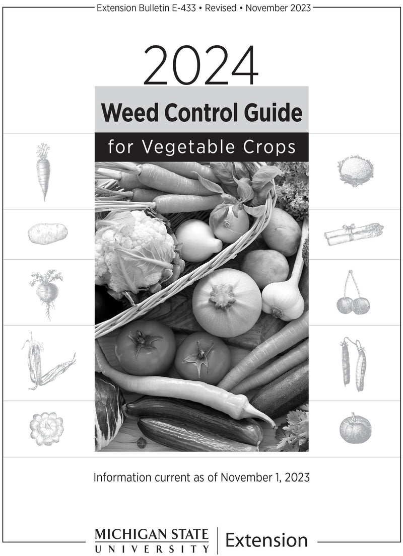 Cover of the guide "2024" weed control guide for vegetable crops". The cover is in black and white with a picture of a pile of fresh vegetables.