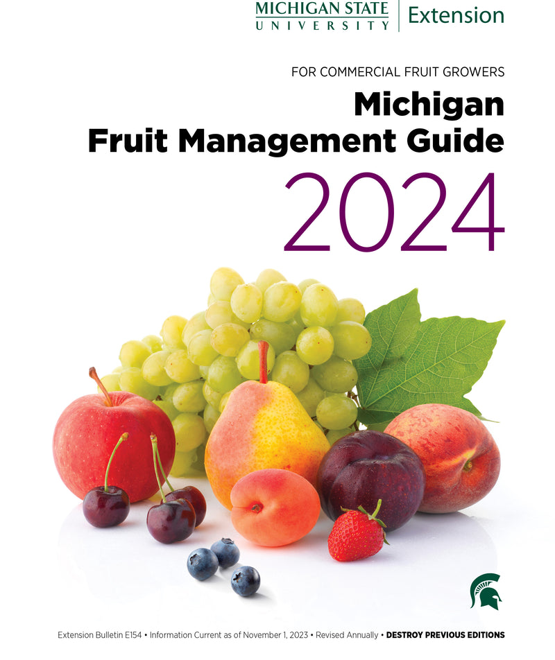 Cover of the guide "Michigan Fruit Management Guide 2024." The cover has the MSU Extension signature in green at the top, the title in black and purple font, and a large image of an assortment of fruit.