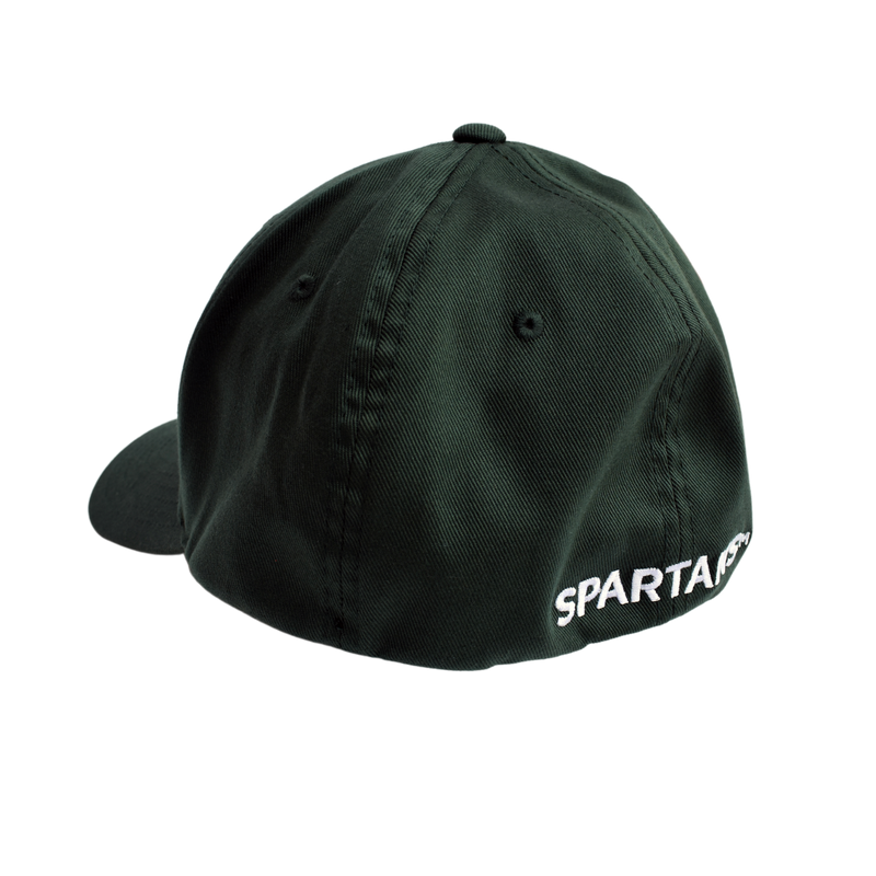 Three-quarters back view of a green baseball cap. White embroidery centered on the back just above the seam is partly visible.