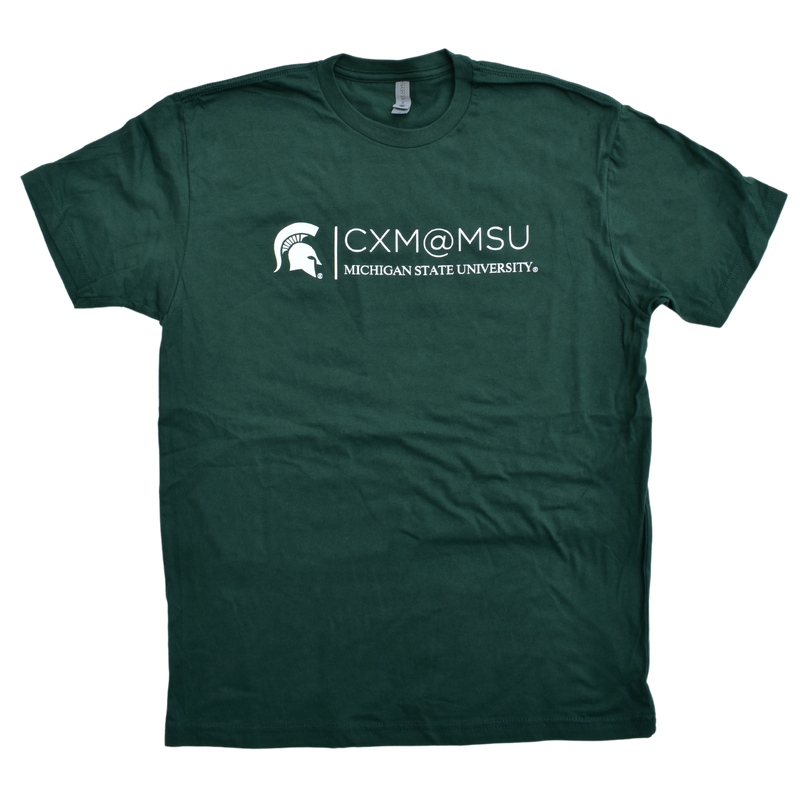 Green crewneck short-sleeve t-shirt with the CXM at MSU signature logo printed in white across the chest