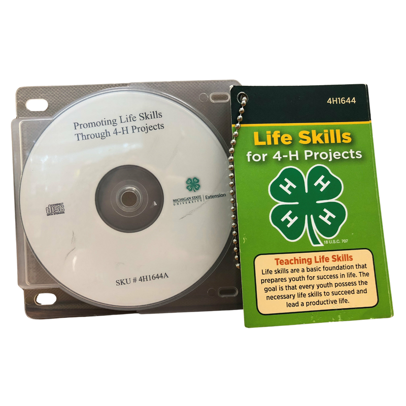 A pack of the 4H "Promoting Life Skills Through 4H Projects" CD and a pack of 4H Life Skills Pocket cards. The cards come with a 4H clover logo and text that gives tips on various life skills.