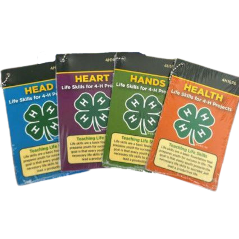 Packs of the 4-H Life Skills Pocket Cards Sets. Listed from left to right are the packs of Head, Heart, Hands and Health.