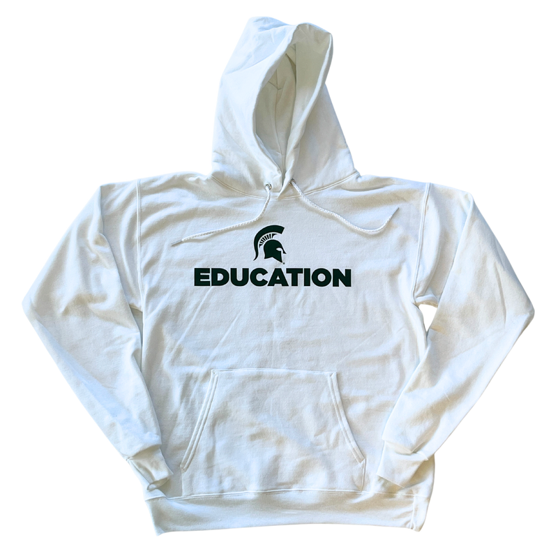 White hooded sweatshirt with green text that reads "Education" with a green Spartan helmet above the text. Sweatshirt has a large pocket on the front and draw strings on the hood.