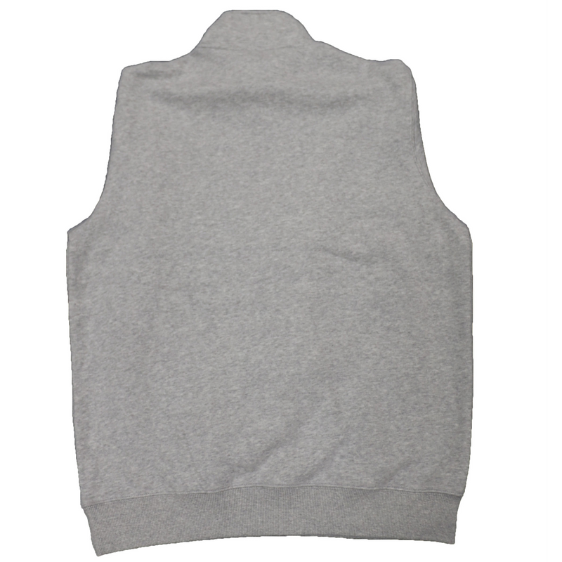The back of a heather gray quarter zip sweatshirt.