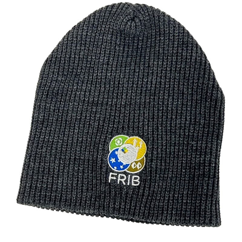 Dark gray ribbed knit beanie with a FRIB logo embroidered on the front.