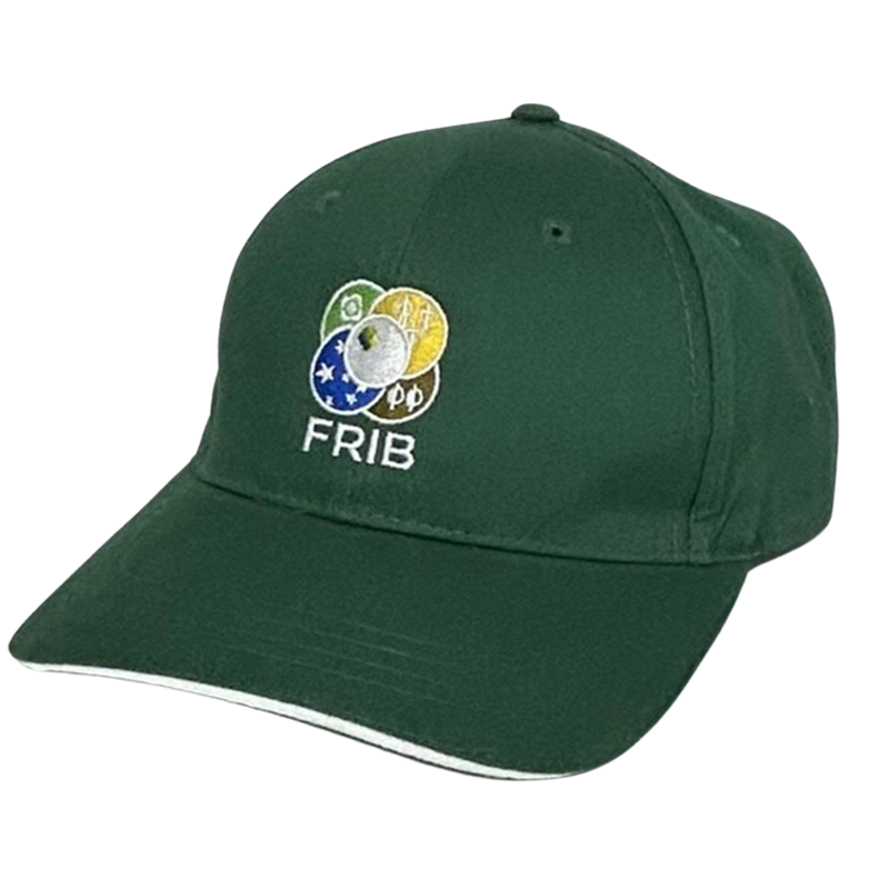 Green six-panel structured ballcap with a sandwich visor with a white center with a FRIB logo embroidered on the front.