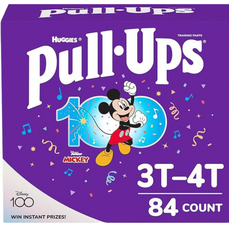A purple box of Huggies branded pull-up training pants for boys. A graphic of Mickey Mouse is shown underneath the product label with the size being 3T to 4T, with a count of 84.