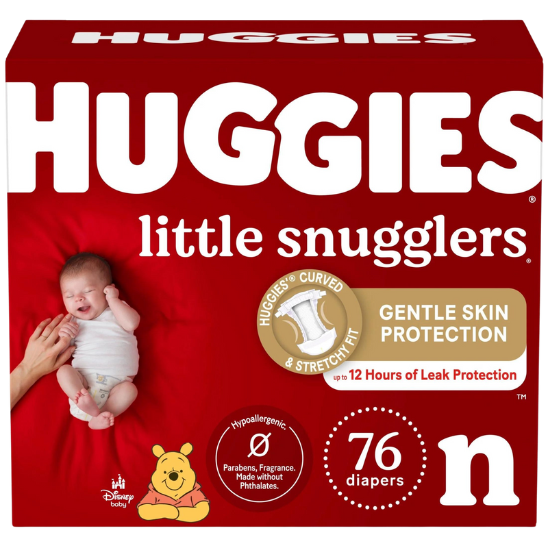 A box of Huggies little snugglers branded diapers, labeled "Gentle Skin protection". A newborn baby is shown next to the Huggies label. A total count of 76 diapers are in the box.