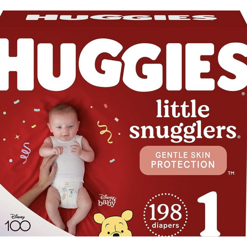 A box of Huggies little snugglers branded diapers, labeled "Gentle Skin protection". A newborn baby is shown next to the Huggies label. A total count of 198 diapers are in the box.
