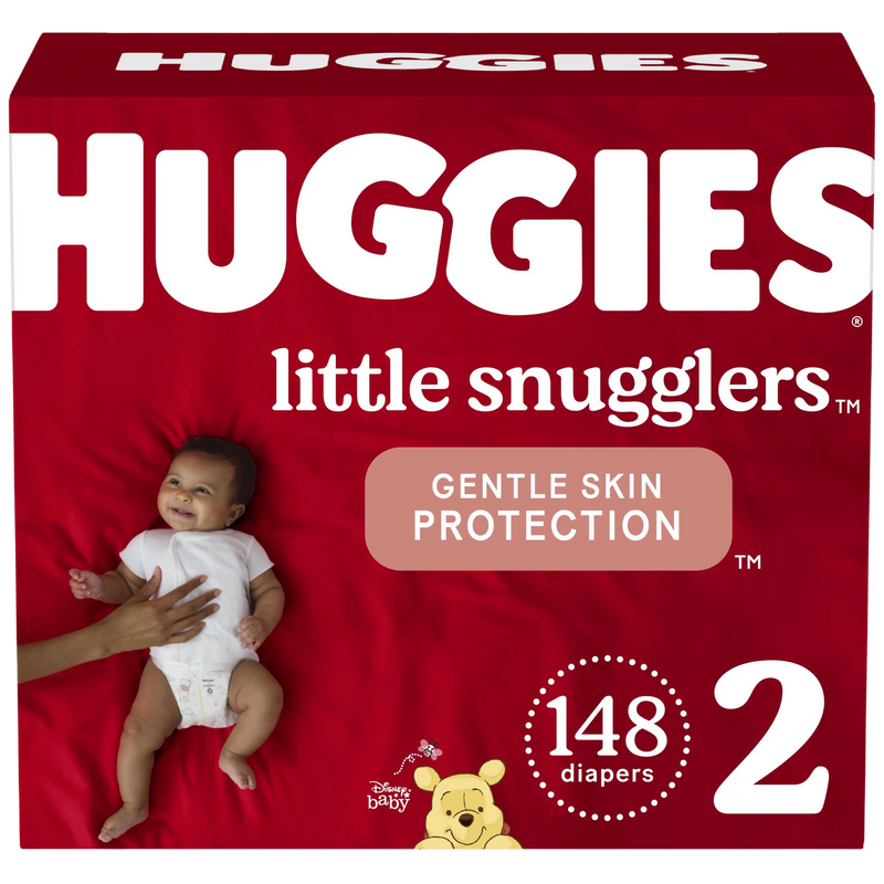 A box of Huggies little snugglers branded diapers, labeled "Gentle Skin protection". A newborn baby is shown next to the Huggies label. A total count of 148 diapers are in the box.