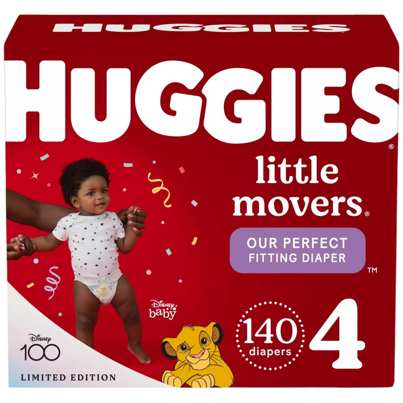 A box of Huggies little movers branded diapers, labeled "Our perfect fitting diaper". An infant to toddler aged baby is shown trying to walk next to the Huggies label. A total count of 140 diapers are in the box.