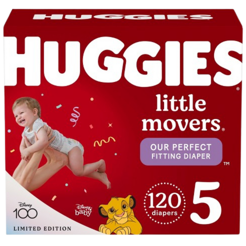 A box of Huggies little movers branded diapers, labeled "Our perfect fitting diaper". An infant to toddler aged baby is shown being lifted in the air by their parent next to the Huggies label. A total count of 120 diapers are in the box.