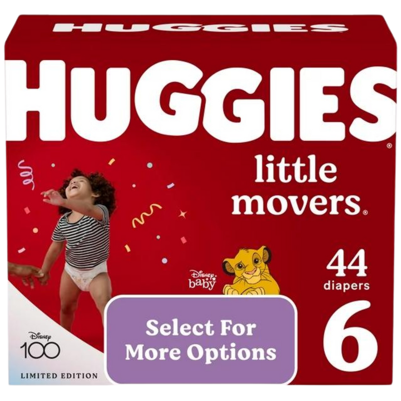 A box of Huggies little movers branded diapers, labeled "Select for more options" on the bottom of the box. An infant to toddler aged baby is shown trying to walk next to the Huggies label. A total count of 44 diapers are in the box.