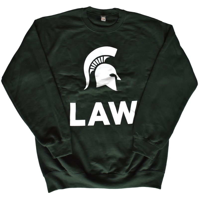Dark green crewneck sweatshirt with a large White Spartan helmet printed on the center chest above bold letters spelling out "Law" in all caps.