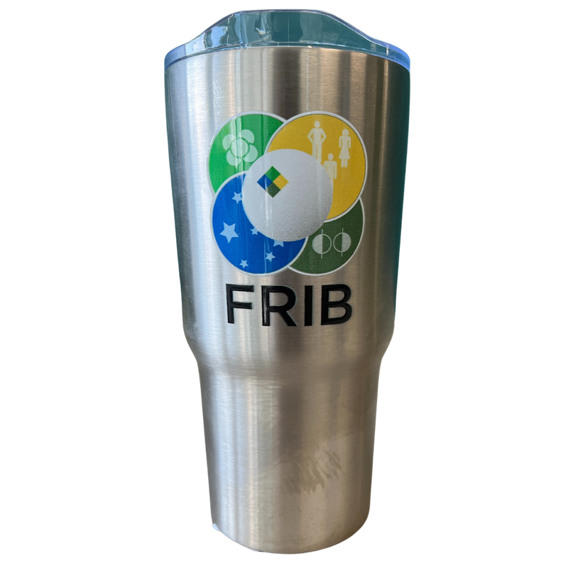 Stainless steel graduated tumbler with a clear lid. The full-color FRIB logo is printed on one side of the tumbler.