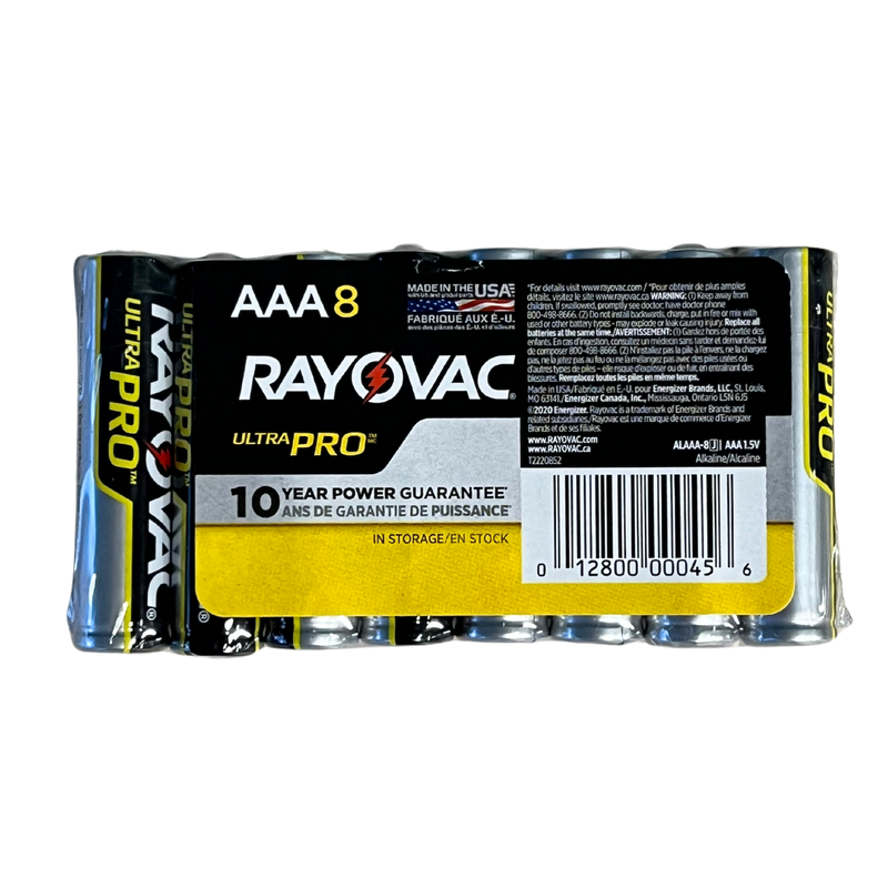 A pack of 8 AAA Rayovac batteries. Below the brand name on the package reads "Ultra Pro: 10 Year Power Guarantee." "Made in the USA" is centered at the top of the front label. 