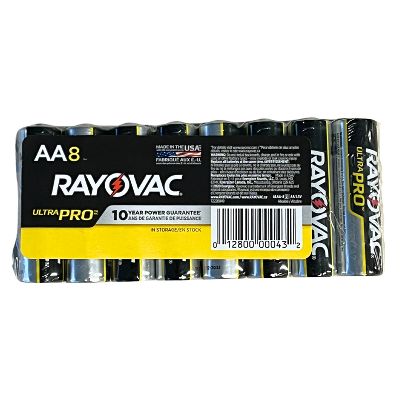 A pack of 8 AA Rayovac batteries. Below the brand name on the package reads "Ultra Pro: 10 Year Power Guarantee." "Made in the USA" is centered at the top of the front label.