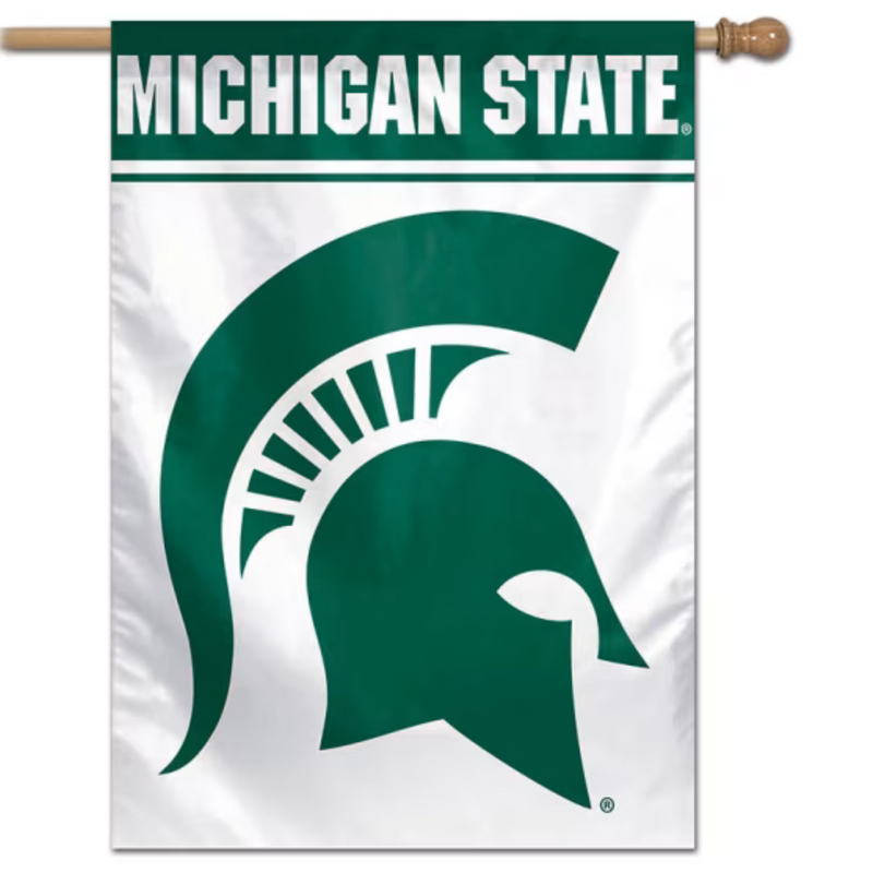 White vertical hanging flag with a dark green Spartan helmet centered. Along the top, a green block reads Michigan State in white block letters, with a thin green strip underneath the block. At the top of the block is a pocket for hanging.
