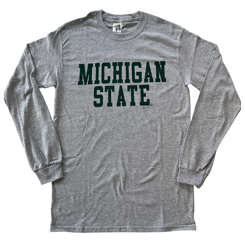 Heathered gray crewneck, long-sleeve t-shirt. Across center chest, forest green block letters read "Michigan State"