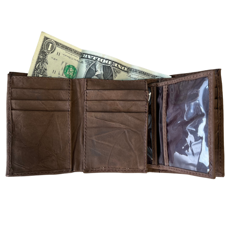 Interior of an open brown leather wallet with many slots, including a cash slot spanning the length of the wallet, six-plus credit card slots, and a photo sheath.
