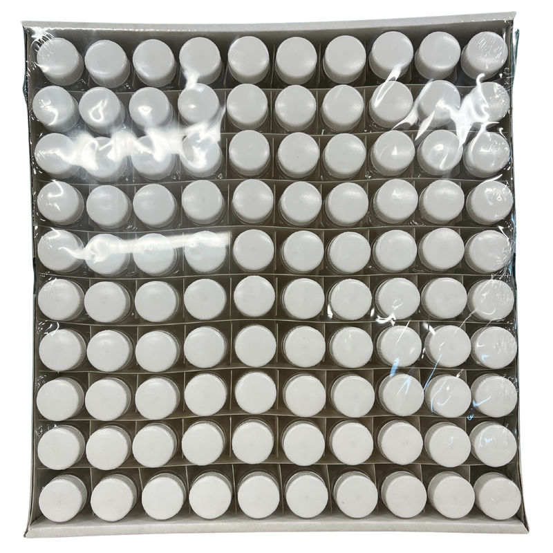 An overhead view of clear vials grouped together inside a cardboard box.