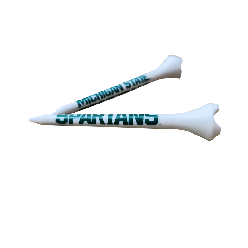 Two white golf tees with bold Spartan green font. Each is rotated to show a different side of the tee. One reads Michigan State and the other reads Spartans.