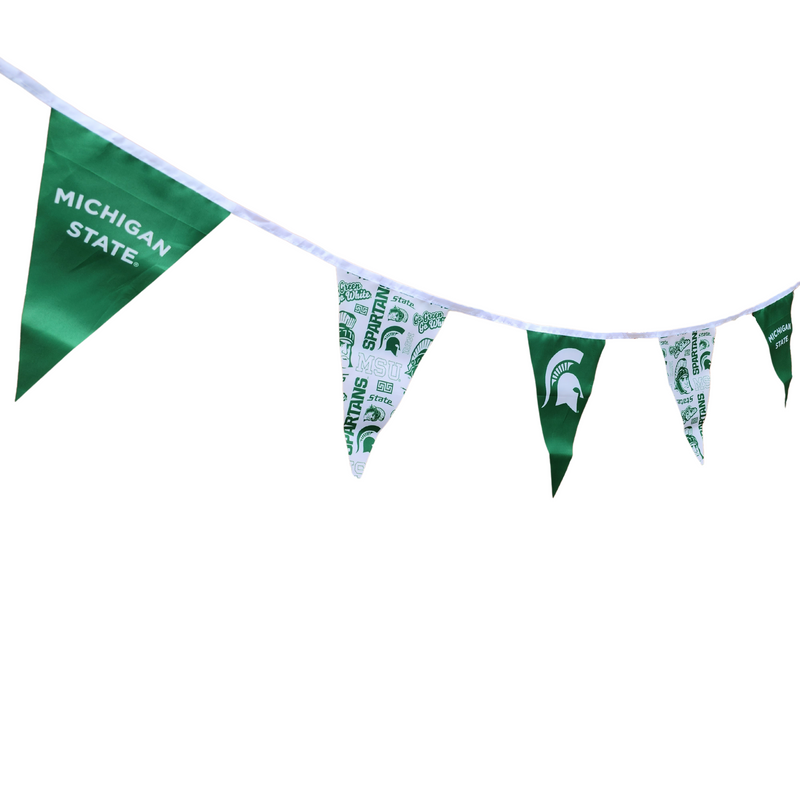 A white string holds up green and white triangle flags in an alternating pattern. All white flags have various MSU logos and icons in a multi-direction pattern. Green flags alternate between white text that reads "Michigan State" and a large white Spartan helmets