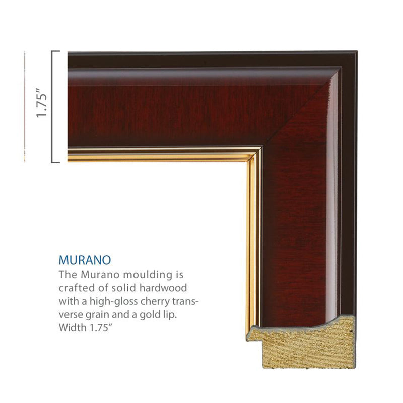 Closeup of the corner of the Murano frame, made of solid hardwood with a high-gloss cherry transverse grain and gold lip.