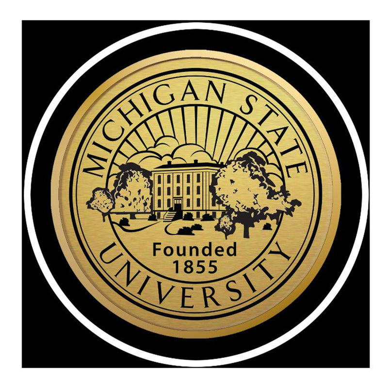THe MSU seal with a gold background and white outline.
