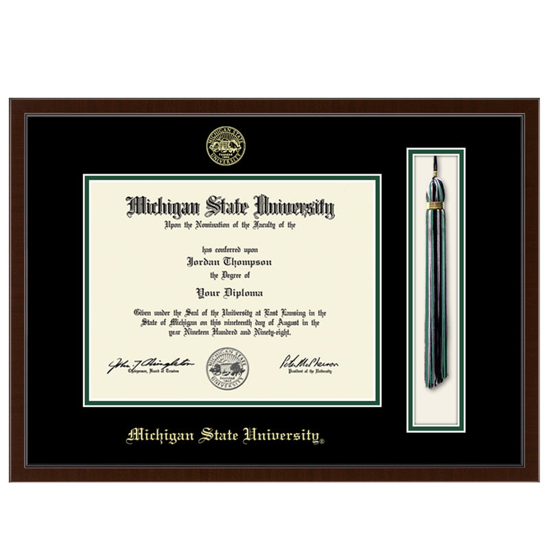 MSU diploma and tassel inside a thin strip of black mat. Top black mat is embossed a gold MSU seal and Michigan State University at the bottom. Frame is a very dark brown wood.