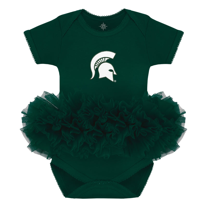 A green, infant tutu bodysuit with a white MSU spartan helmet logo placed in the middle of the torso. 