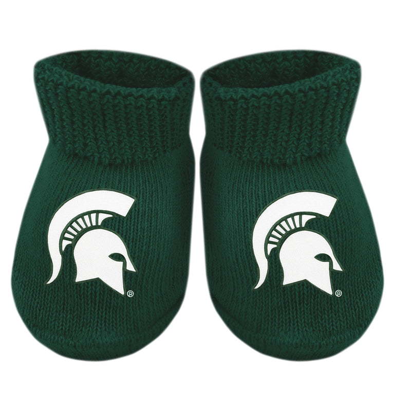 Green baby booties with a white Spartan helmet on top of foot.