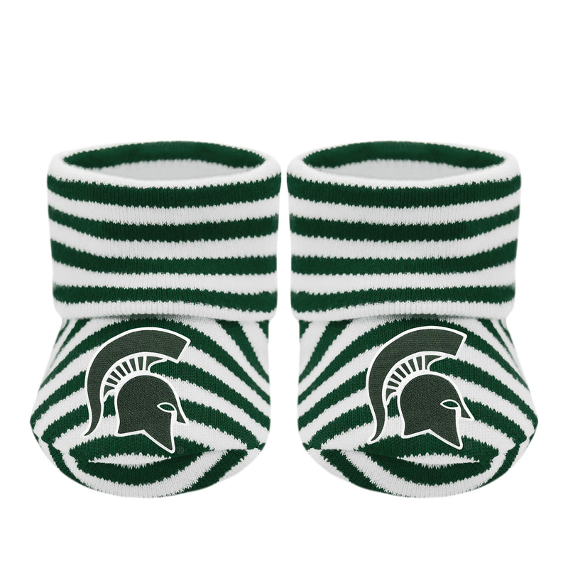 Green and white striped baby booties with a green Spartan helmet at the toe