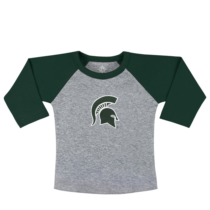 Toddler raglan shrit with green sleeves, a gray chest, and a green Spartan helmet on center chest.