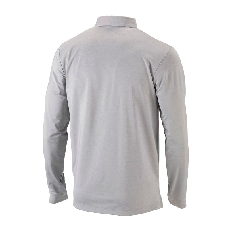 Back of a grey, long sleeve polo shirt. 