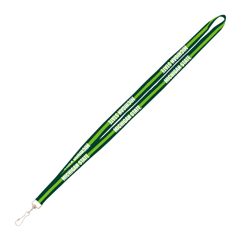 A Spartan green lanyard with a lime green stripe down the middle and the words "Michigan State" embroidered along it in white. The lanyard ends in a metal swivel with a J-Hook clip attachment.