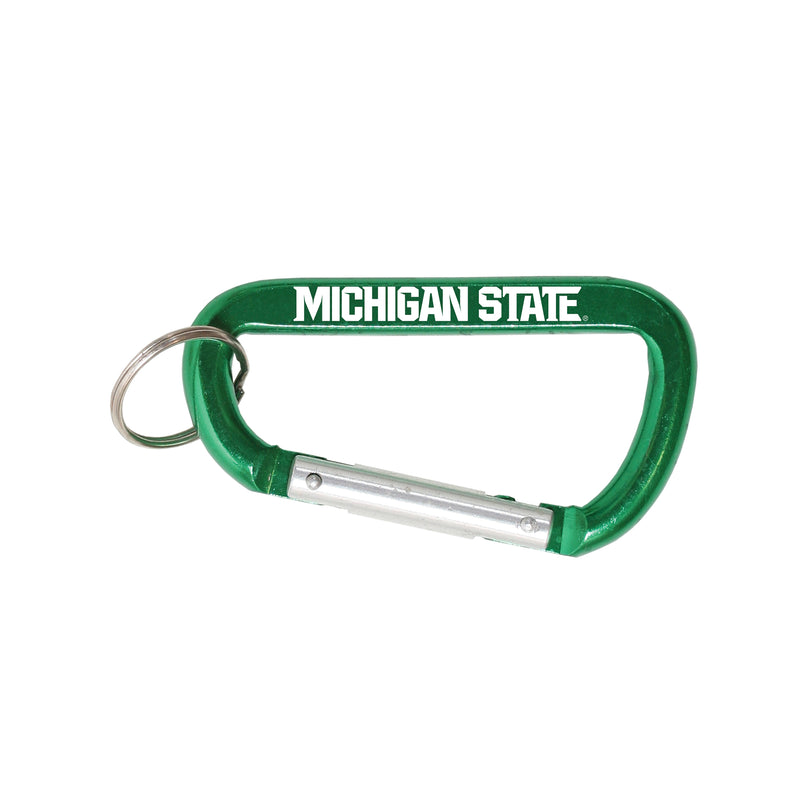 A green carabiner key chain, which is shaped like the letter D. It has a split key ring, a silver closure, and the words "Michigan State" printed on the side in white.