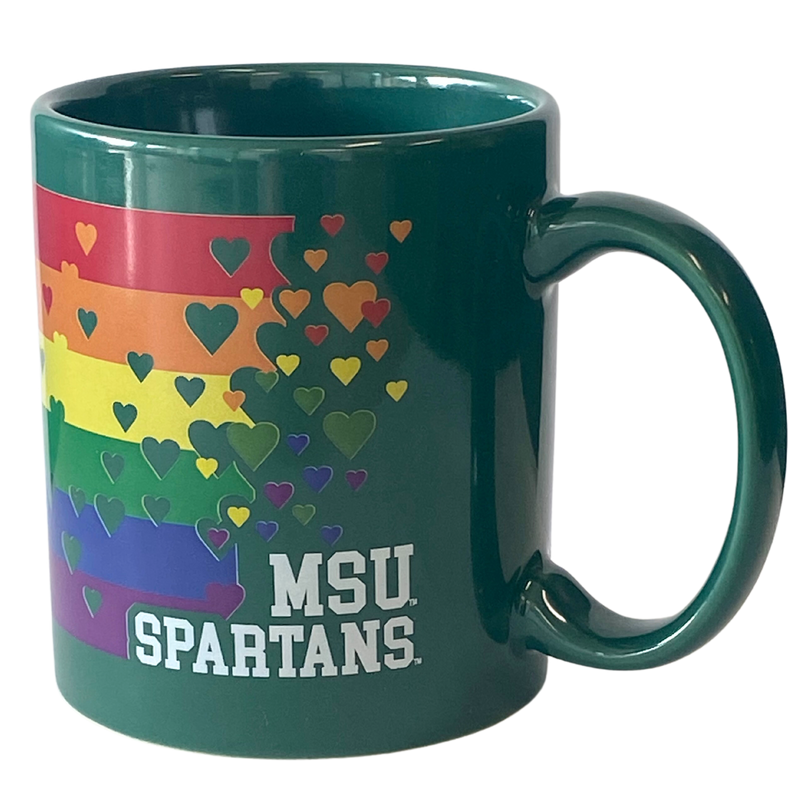 Forest green mug with horizontal rainbow stripes, colorful hearts, and MSU Spartans at the bottom in white.