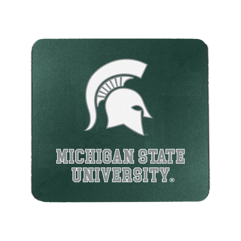 A square mousepad with rounded corners. The mousepad is dark green with a white Spartan helmet logo and the words "Michigan State University" in gray with a white outline. 