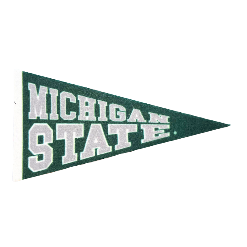 A green pennant flag magnet with Michigan State written on the flag in grey.