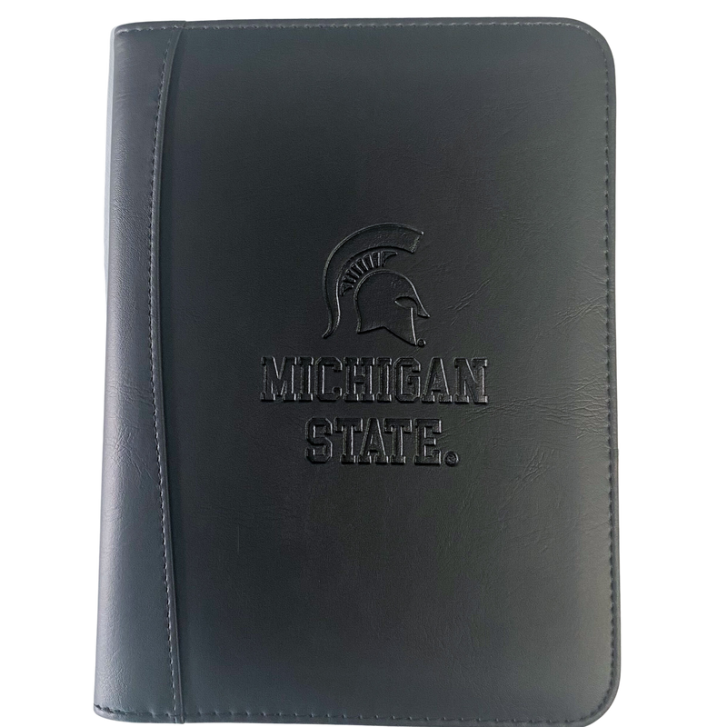 Black padfolio with stitching around edges and a debossed Spartan helmet with Michigan State in block letters underneath.