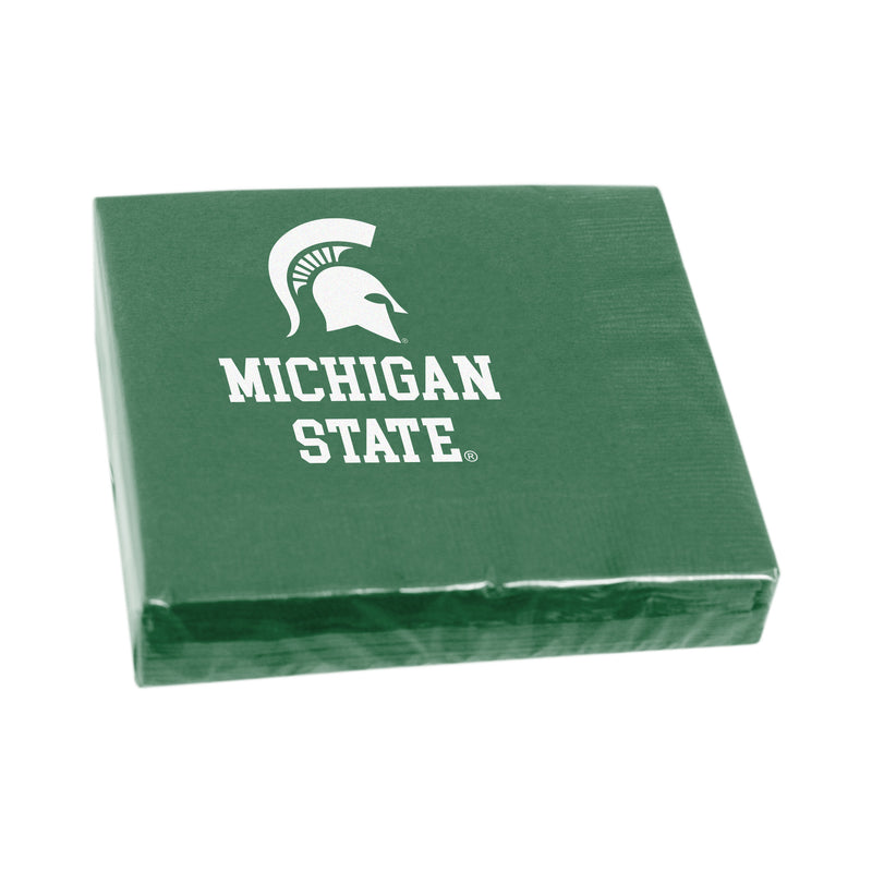A plastic wrapped package of green beverage napkins with a white Spartan helmet and Michigan State underneath in block letters.