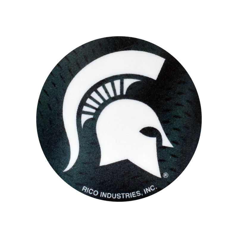 Dark green circle with a rippled effect, this tattoo features a prominent white Spartan helmet.