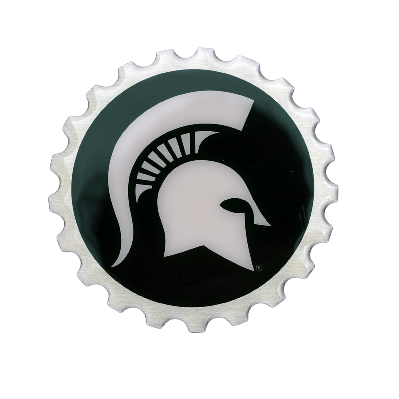 Dark green circle with a large white Spartan helmet in the center. The edges are scalloped and silver in color, giving the effect of a gear