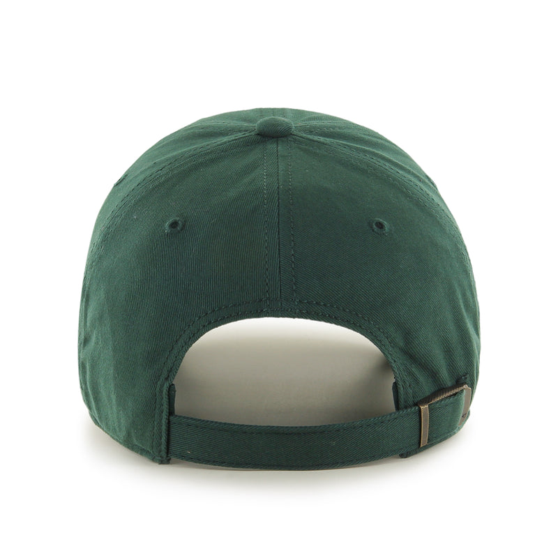 Unstructured green baseball cap with adjustable fabric closure.
