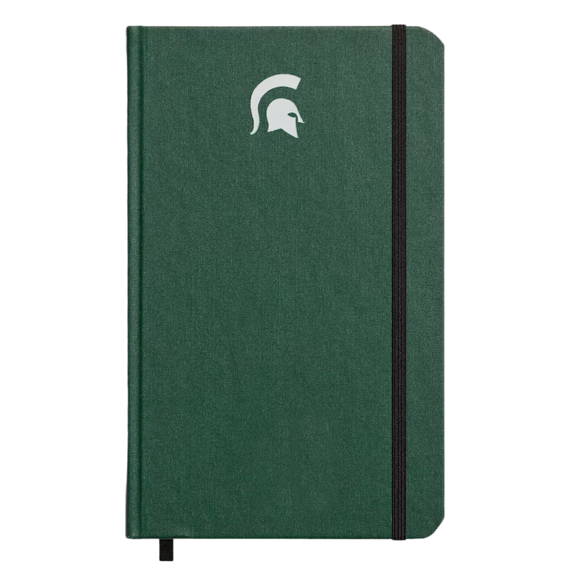 Forest green linen journal with a centered white Spartan helmet on the top, with a black elastic enclosure band.
