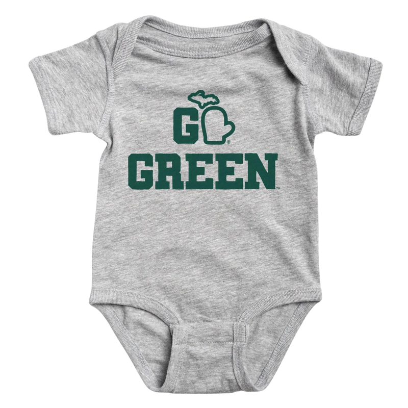 Gray short sleeved onesie, "Go Green" centered in green lettering with the "O" of "GO" is shaped like a mitten the shape of the State of Michigan, with the upper peninsula.