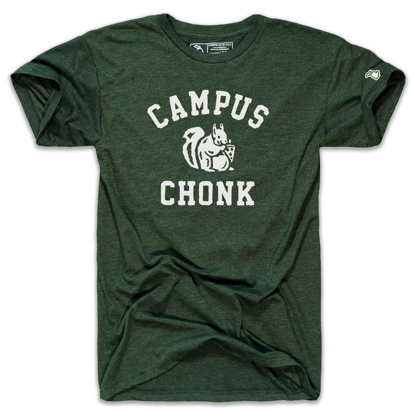 Green short sleeved t-shirt with a large white centered squirrel image with "Campus" lettering above and "Chonk" below.