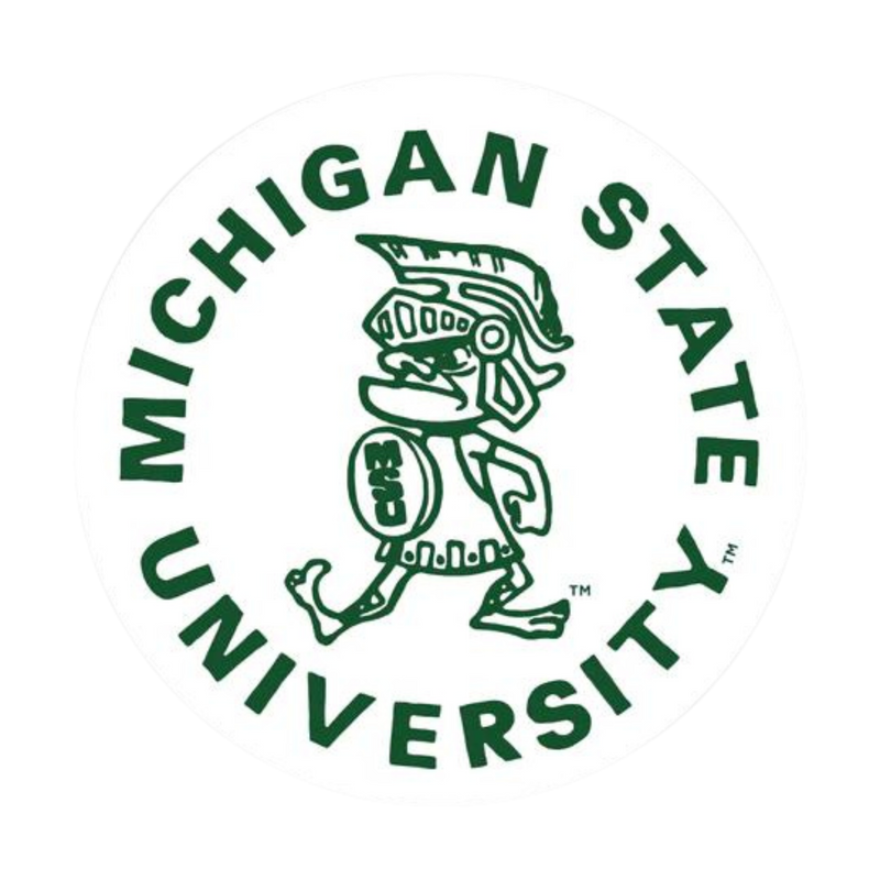 White circular sticker with vintage Sparty in the center with "Michigan State University" circling around the logo.